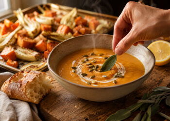 Maple-Roasted Sweet Potato and Fennel Soup with Crispy Sage