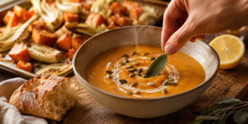 Maple-Roasted Sweet Potato and Fennel Soup with Crispy Sage