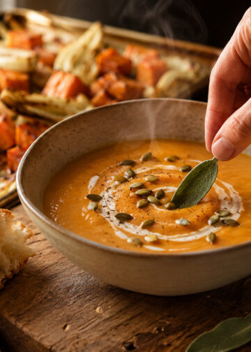 Maple-Roasted Sweet Potato and Fennel Soup with Crispy Sage