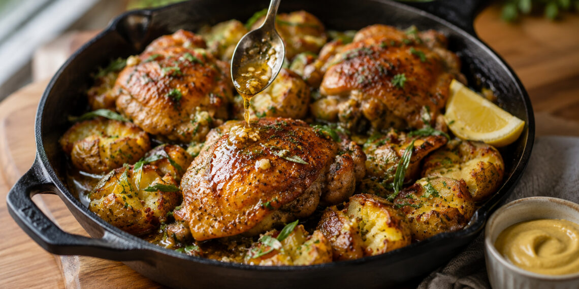 Garlic Tarragon Chicken with Smashed Mustard Potatoes