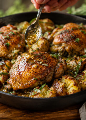 Garlic Tarragon Chicken with Smashed Mustard Potatoes
