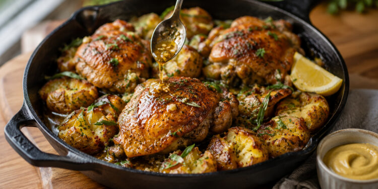Garlic Tarragon Chicken with Smashed Mustard Potatoes