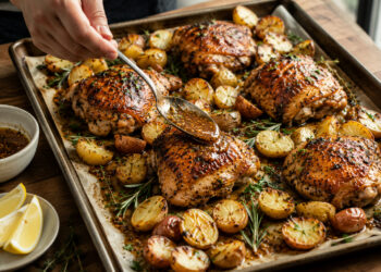 Herb-Roasted Chicken Thighs with Mustard-Glazed New Potatoes