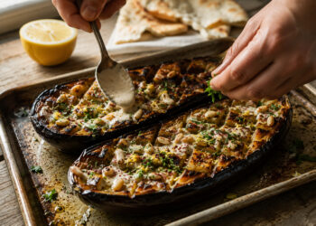 Charred Garlic-Tahini Roasted Eggplant with Toasted Pine Nuts