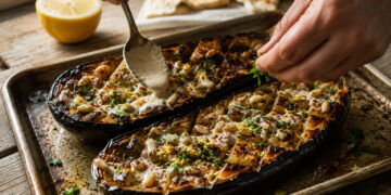 Charred Garlic-Tahini Roasted Eggplant with Toasted Pine Nuts