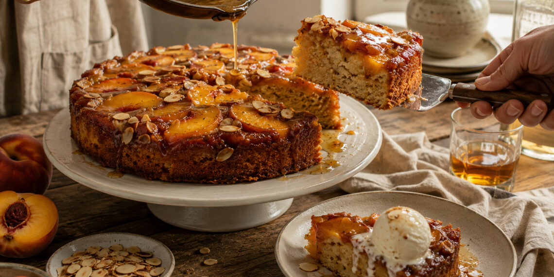 Bourbon Peach Almond Upside-Down Cake with Browned Butter Glaze
