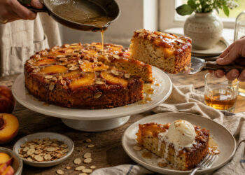 Bourbon Peach Almond Upside-Down Cake with Browned Butter Glaze