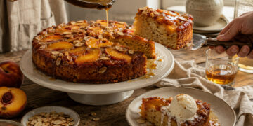 Bourbon Peach Almond Upside-Down Cake with Browned Butter Glaze