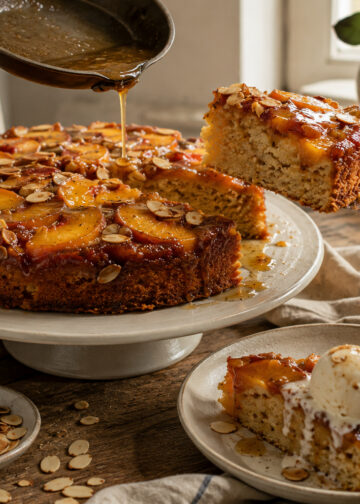 Bourbon Peach Almond Upside-Down Cake with Browned Butter Glaze