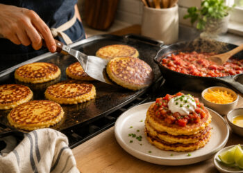 Cheddar Chive Cornmeal Pancakes with Smoky Tomato Relish