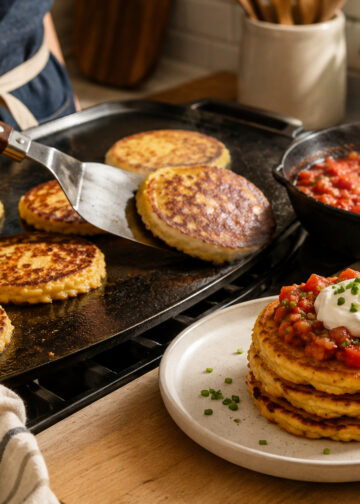 Cheddar Chive Cornmeal Pancakes with Smoky Tomato Relish
