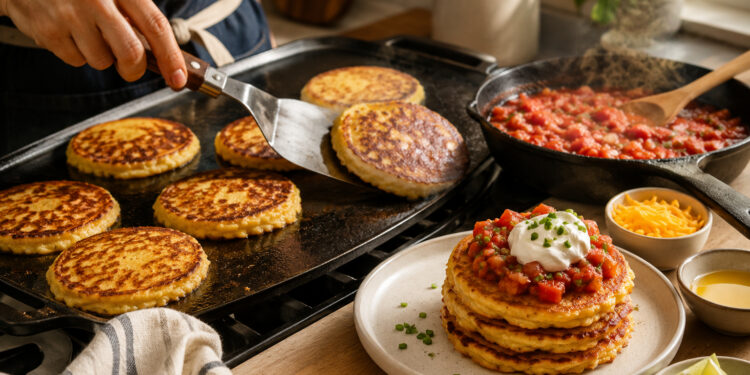 Cheddar Chive Cornmeal Pancakes with Smoky Tomato Relish
