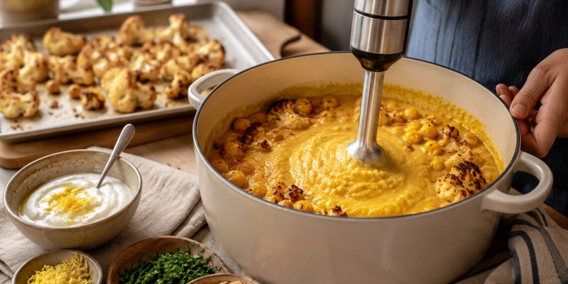 Saffron Cauliflower and Chickpea Soup with Lemon Yogurt
