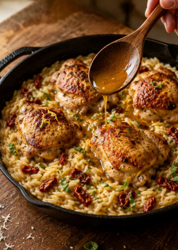 Skillet Roasted Chicken with Sun-Dried Tomato Orzo