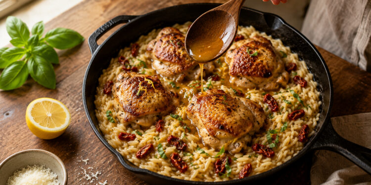 Skillet Roasted Chicken with Sun-Dried Tomato Orzo