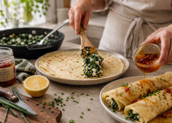 Spinach Feta Breakfast Crepes with Sun-Dried Tomato Oil