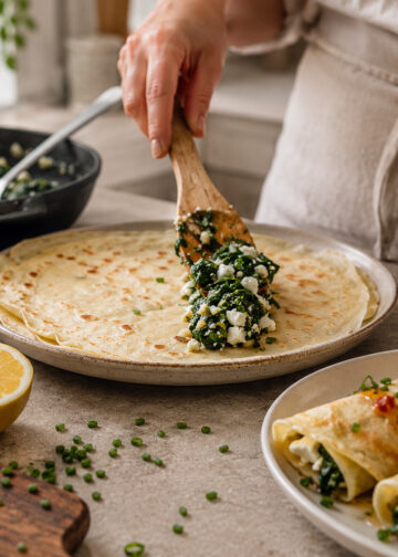 Spinach Feta Breakfast Crepes with Sun-Dried Tomato Oil