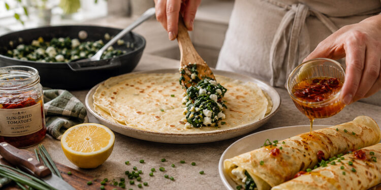 Spinach Feta Breakfast Crepes with Sun-Dried Tomato Oil