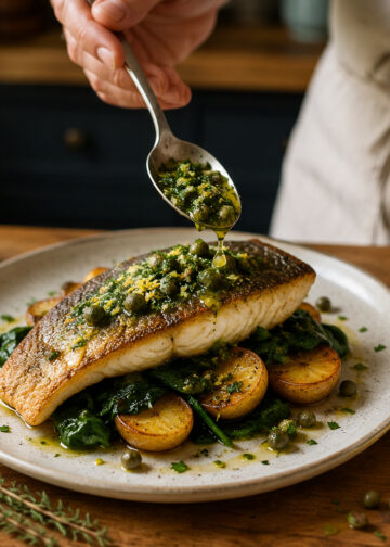 Pan-Seared Sea Bass with Olive-Caper Gremolata
