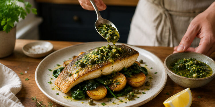 Pan-Seared Sea Bass with Olive-Caper Gremolata