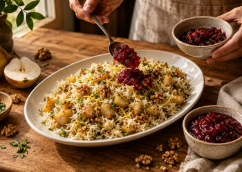 Autumn Spiced Pear and Walnut Pilaf with Cranberry Chutney