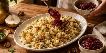 Autumn Spiced Pear and Walnut Pilaf with Cranberry Chutney