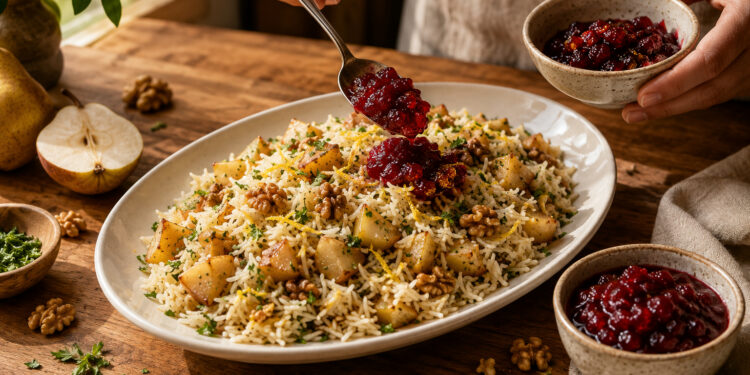 Autumn Spiced Pear and Walnut Pilaf with Cranberry Chutney
