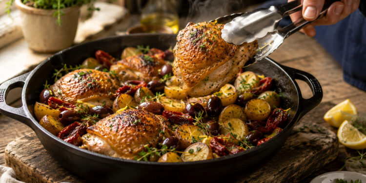 One-Skillet Mediterranean Chicken with Olive Potatoes