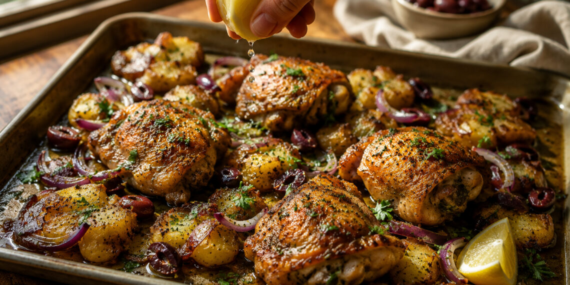 Mediterranean Lemon-Olive Chicken with Crispy Smashed Potatoes