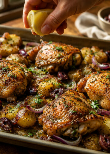 Mediterranean Lemon-Olive Chicken with Crispy Smashed Potatoes
