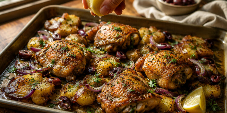 Mediterranean Lemon-Olive Chicken with Crispy Smashed Potatoes