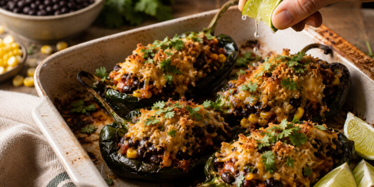Chipotle Black Bean and Corn Stuffed Poblano Peppers