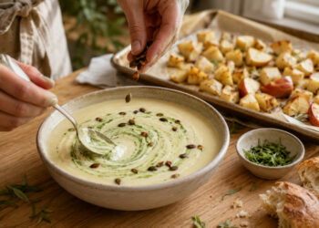 Roasted Kohlrabi and Apple Soup with Tarragon Cream