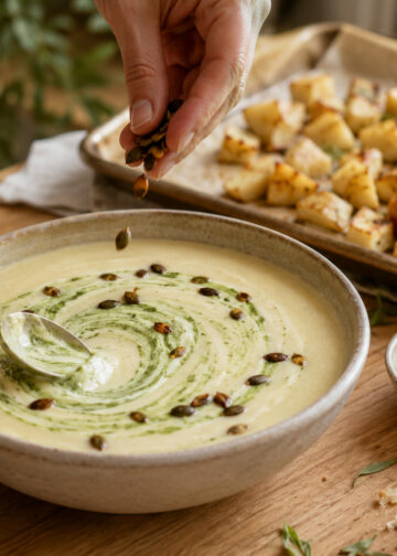 Roasted Kohlrabi and Apple Soup with Tarragon Cream