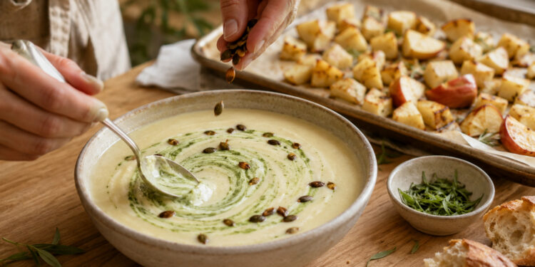 Roasted Kohlrabi and Apple Soup with Tarragon Cream