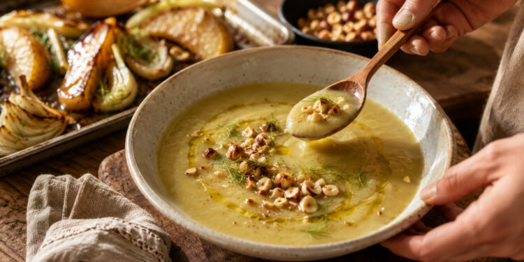 Warm Pear and Roasted Fennel Soup with Hazelnuts