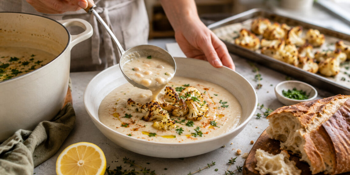 Creamy Roasted Cauliflower and White Bean Soup