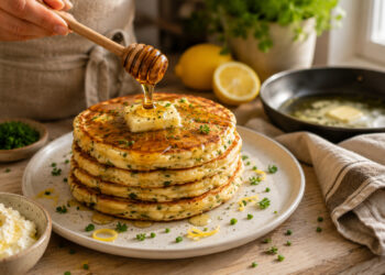 Herbed Ricotta and Lemon Zest Pancake Stack with Honey