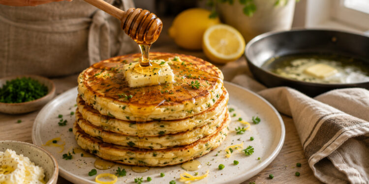 Herbed Ricotta and Lemon Zest Pancake Stack with Honey