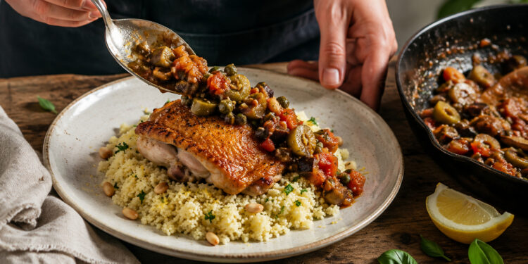 Sicilian Chicken with Olive Caponata and Lemon Couscous