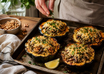 Vegan Mushroom, Walnut, and Herb Stuffed Acorn Squash
