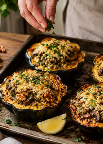 Vegan Mushroom, Walnut, and Herb Stuffed Acorn Squash