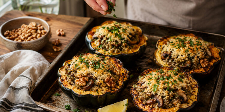 Vegan Mushroom, Walnut, and Herb Stuffed Acorn Squash
