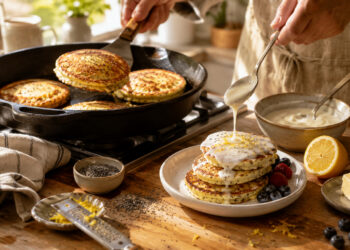 Buttermilk Lemon Poppy Seed Skillet Pancakes with Yogurt Glaze