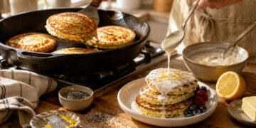 Buttermilk Lemon Poppy Seed Skillet Pancakes with Yogurt Glaze