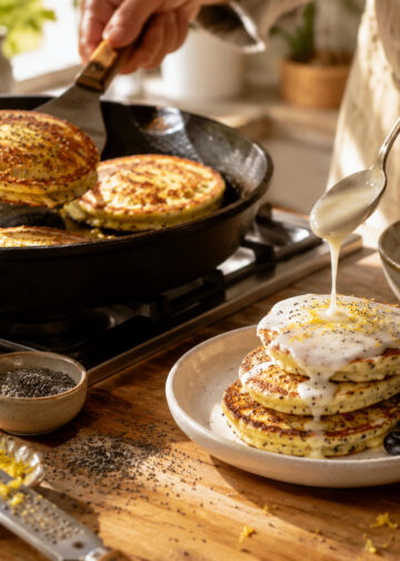 Buttermilk Lemon Poppy Seed Skillet Pancakes with Yogurt Glaze