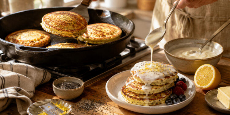 Buttermilk Lemon Poppy Seed Skillet Pancakes with Yogurt Glaze