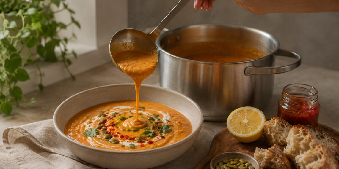 Silky Sweet Potato and Red Lentil Soup with Harissa