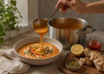 Silky Sweet Potato and Red Lentil Soup with Harissa