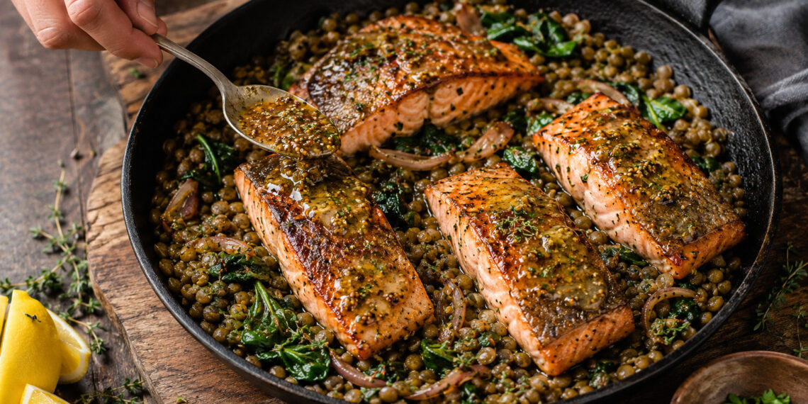 One Pan Mustard Herb Salmon with Warm Lentils